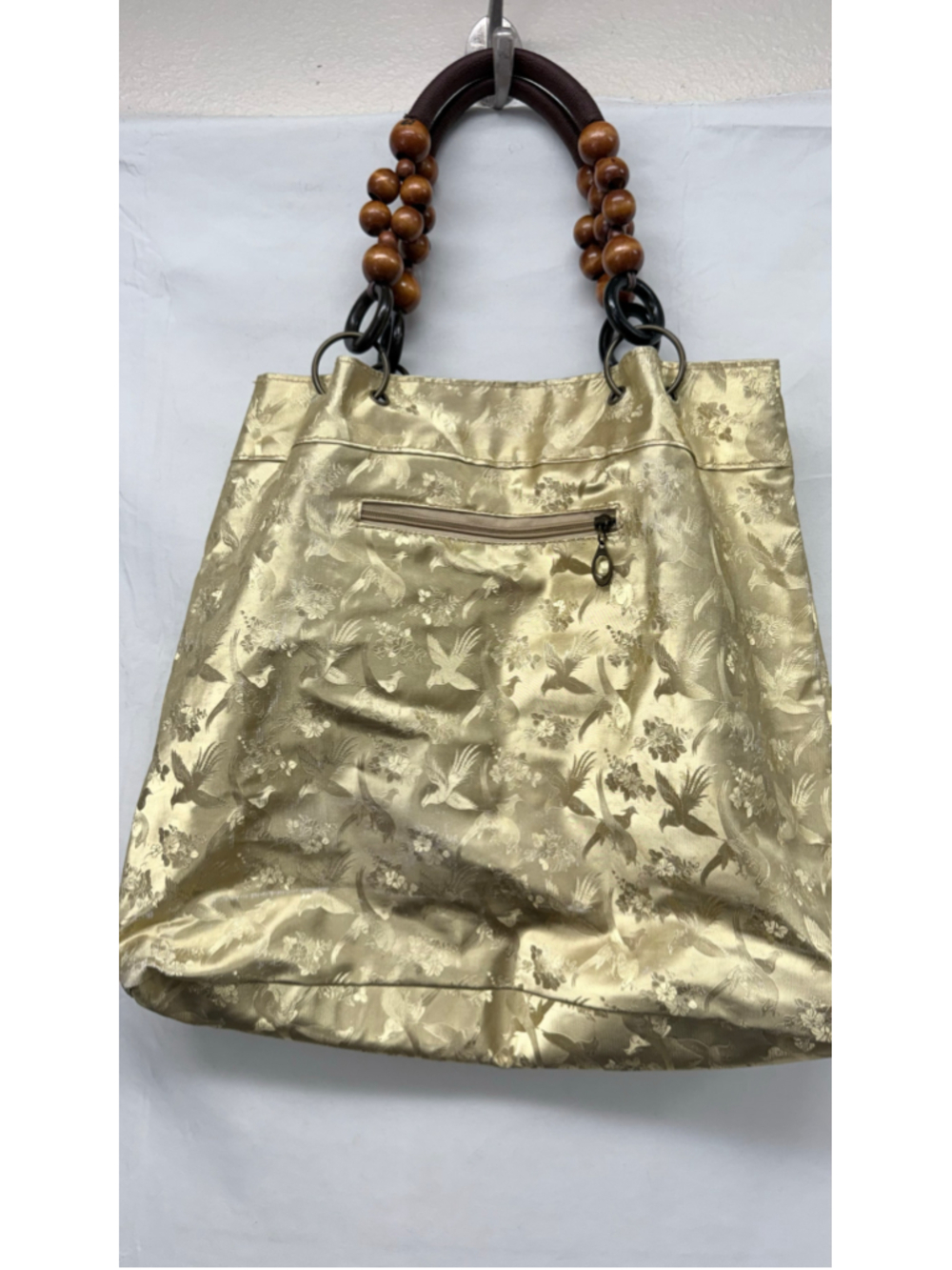 Women's Vintage Unbranded Gold Floral Bird Print Tote Bag, One Size